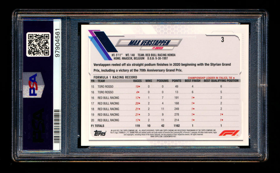 2021 Topps Chrome F1 #3 Max Verstappen Red/Green Refractor Portrait PSA 10