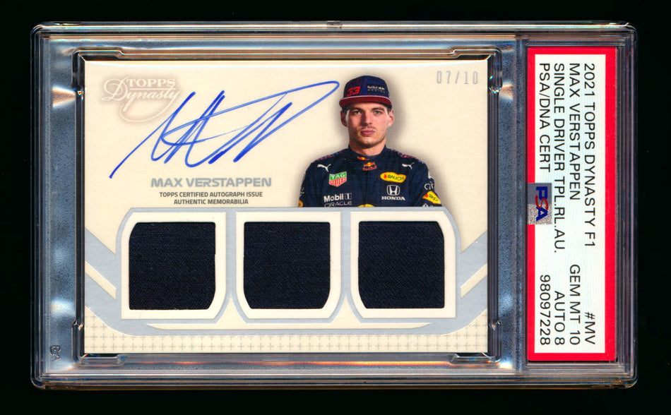 2021 Topps Dynasty F1 #SDT-MV Max Verstappen Triple Patch Autograph #07/10 PSA 10 Gem Mint DNA 8 ** (SOLD - $1825.00 - 12/7/2024) **