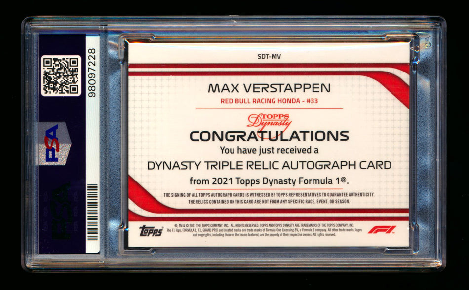 2021 Topps Dynasty F1 #SDT-MV Max Verstappen Triple Patch Autograph #07/10 PSA 10 Gem Mint DNA 8 ** (SOLD - $1825.00 - 12/7/2024) **