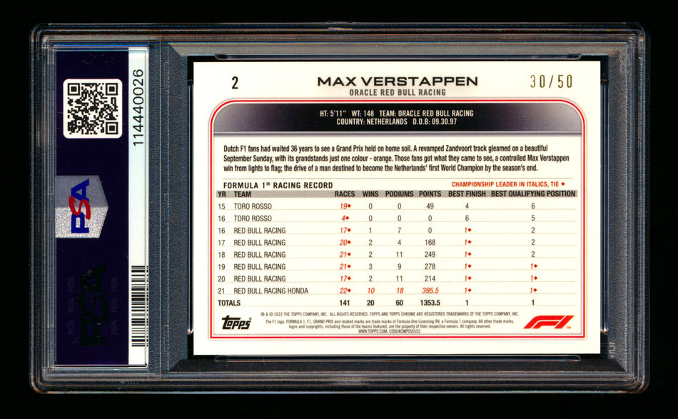 2022 Topps Chrome Sapphire F1 #2 Max Verstappen Gold Refractor Image Variation SSP #30/50 PSA 7