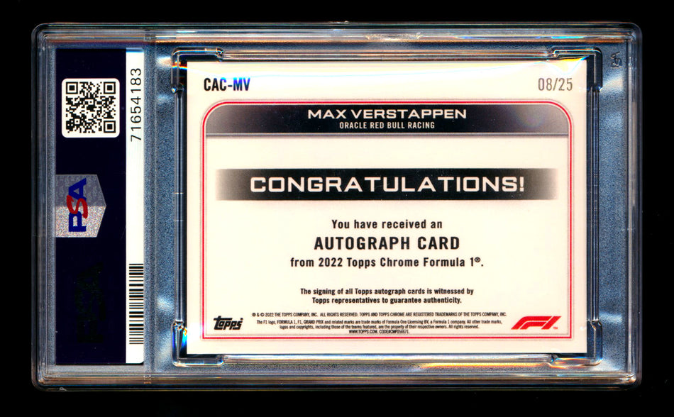 2022 Topps Chrome F1 #CAC-MV Max Verstappen Orange Refractor Autograph #08/25 PSA 9