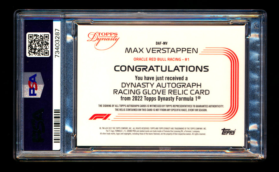 2022 Topps Dynasty F1 #DAF-MV Max Verstappen Glove Patch Autograph #05/10 PSA 10 Gem Mint