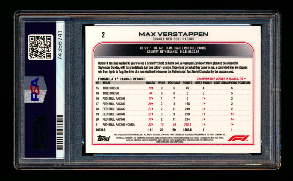 2022 Topps Chrome F1 #2 Max Verstappen Refractor Image Variation SSP PSA 10 ** (SOLD - $95.00 - 12/13/2024) **