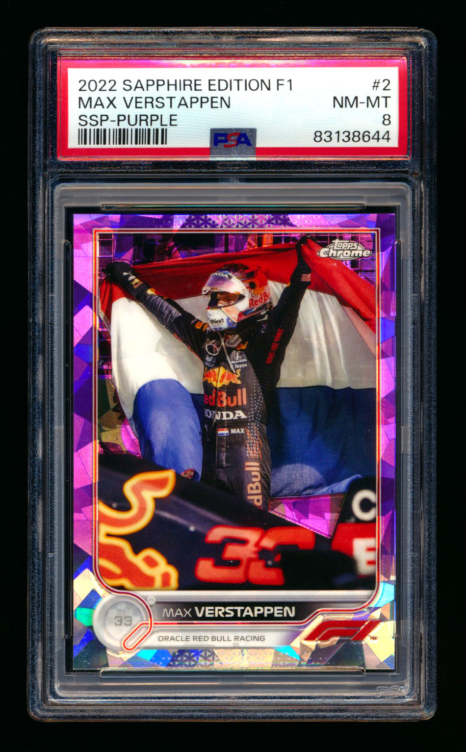 2022 Topps Chrome Sapphire F1 #2 Max Verstappen Purple Refractor Image Variation SSP #08/10 PSA 8 ** (SOLD - $1025.00 - 2/14/2025) **