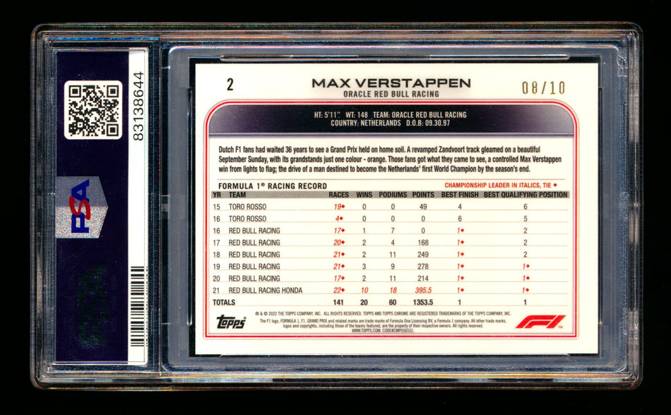 2022 Topps Chrome Sapphire F1 #2 Max Verstappen Purple Refractor Image Variation SSP #08/10 PSA 8 ** (SOLD - $1025.00 - 2/14/2025) **