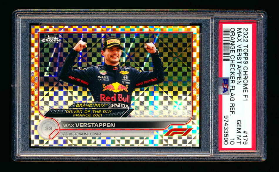 2022 Topps Chrome F1 #179 Max Verstappen Orange Checker Flag Refractor #21/25 PSA 10 ** (SOLD eBay - $95.00 - 1/18/2025) **