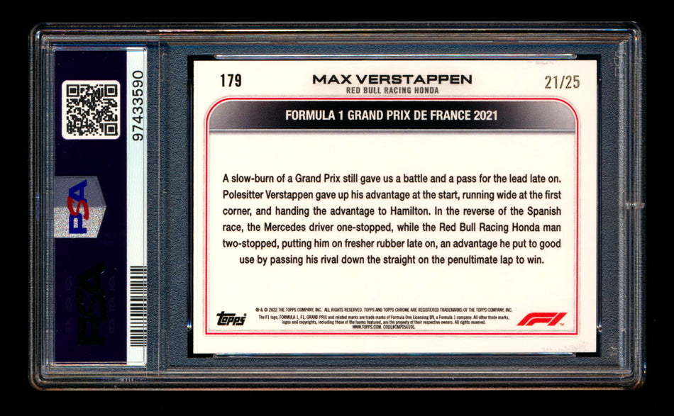 2022 Topps Chrome F1 #179 Max Verstappen Orange Checker Flag Refractor #21/25 PSA 10 ** (SOLD eBay - $95.00 - 1/18/2025) **