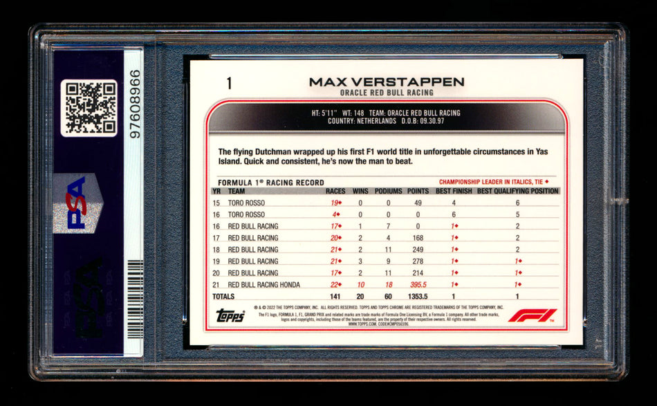 2022 Topps Chrome F1 #1 Max Verstappen Red/Green Refractor Portrait PSA 10