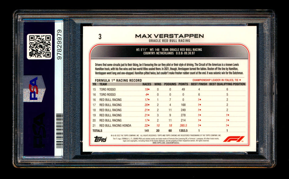 2022 Topps Chrome Sapphire F1 #3 Max Verstappen Refractor Image Variation SSP PSA 10 ** (SOLD Card Show - $80.00 - 2/14/2025) **
