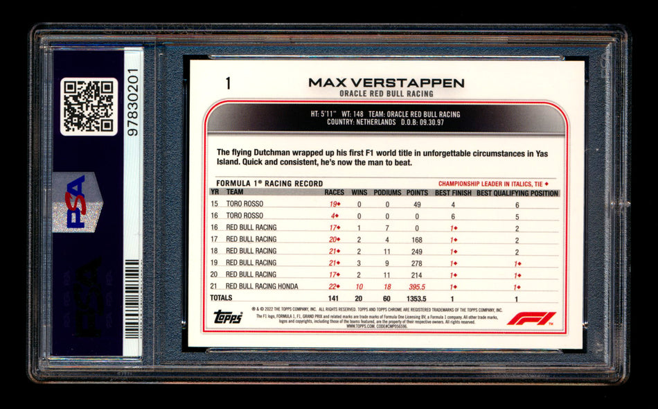 2022 Topps Chrome F1 #1 Max Verstappen Gold/Purple Refractor Portrait PSA 10 ** (SOLD eBay - $65.00 - 1/28/2025) **