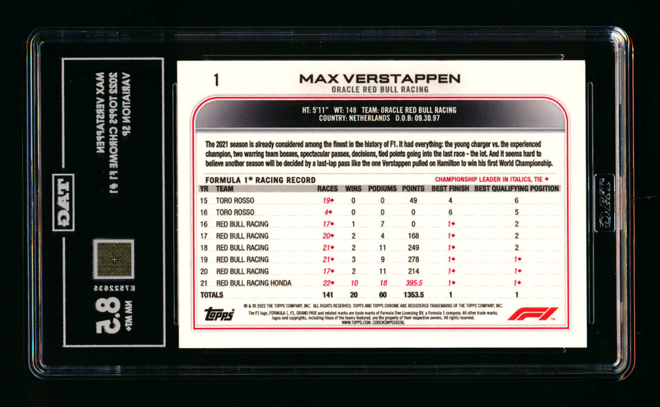 2022 Topps Chrome F1 #1 Max Verstappen Refractor Image Variation SSP TAG 8.5