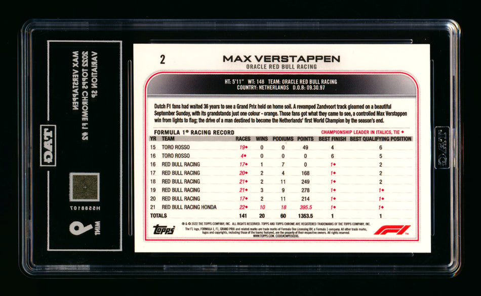 2022 Topps Chrome F1 #2 Max Verstappen Refractor Image Variation SSP TAG 9