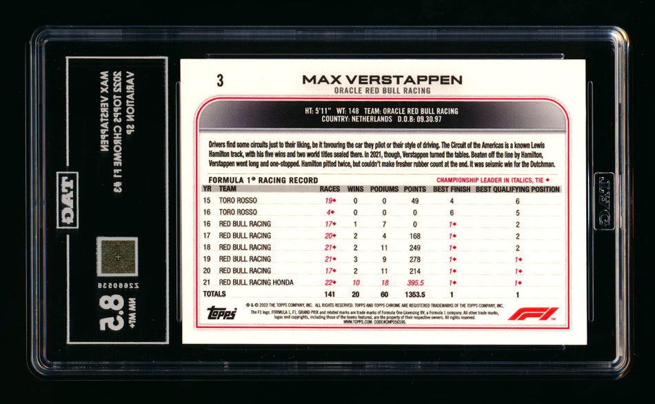2022 Topps Chrome F1 #3 Max Verstappen Refractor Image Variation SSP TAG 8.5