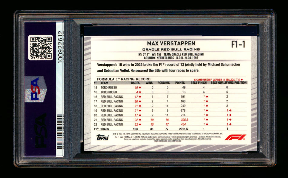 2023 Topps Chrome NSCC F1 #F1-1 Max Verstappen Gold Refractor #47/50 PSA 9 ** (SOLD - $79.00 - 5/24/2025) **