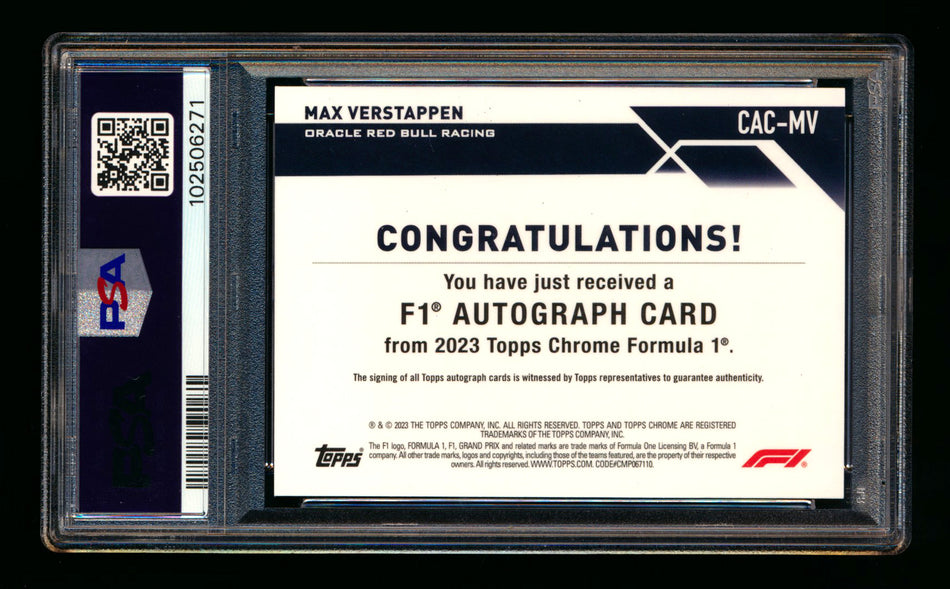 2023 Topps Chrome F1 #CAC-MV Max Verstappen Refractor Autograph PSA 10 DNA 10 ** (SOLD - $2,700.00 - 10/13/2025) **