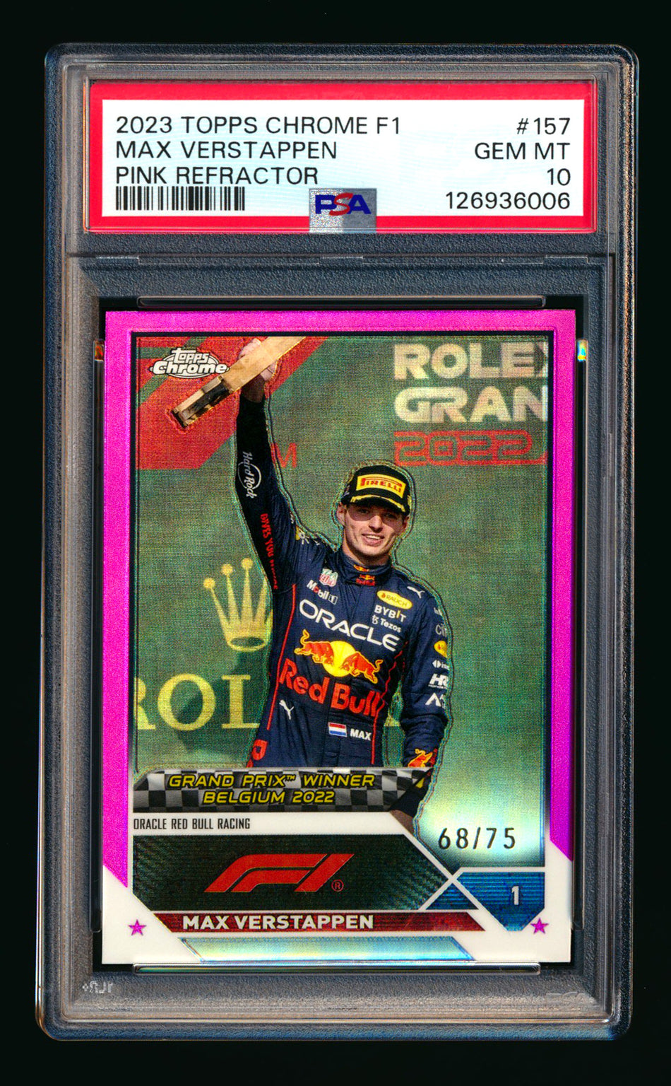 2023 Topps Chrome F1 #157 Max Verstappen Pink Refractor #68/75 PSA 10