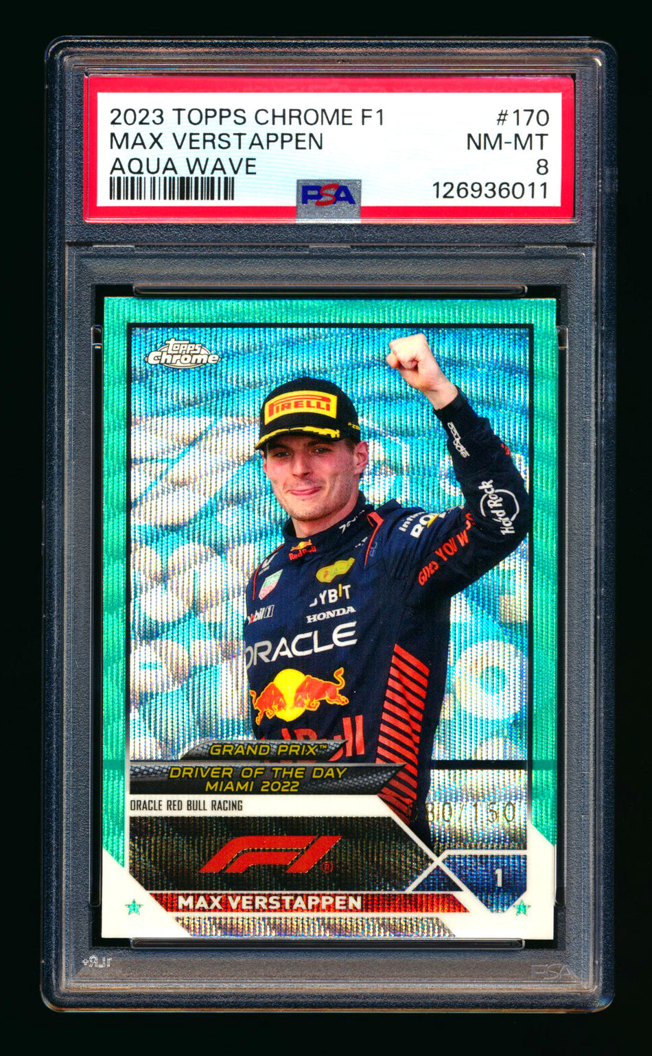 2023 Topps Chrome F1 #170 Max Verstappen Aqua Wave Refractor #080/150 PSA 8 ** (SOLD eBay - $29.00 - 11/14/2025) **