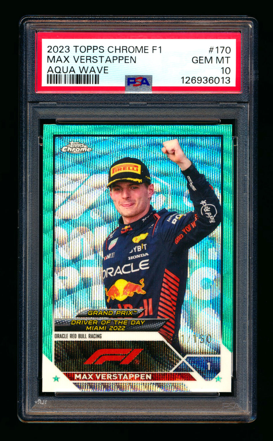 2023 Topps Chrome F1 #170 Max Verstappen Aqua Wave Refractor #061/150 PSA 10 ** (SOLD eBay - $79.00 - 12/11/2025) **