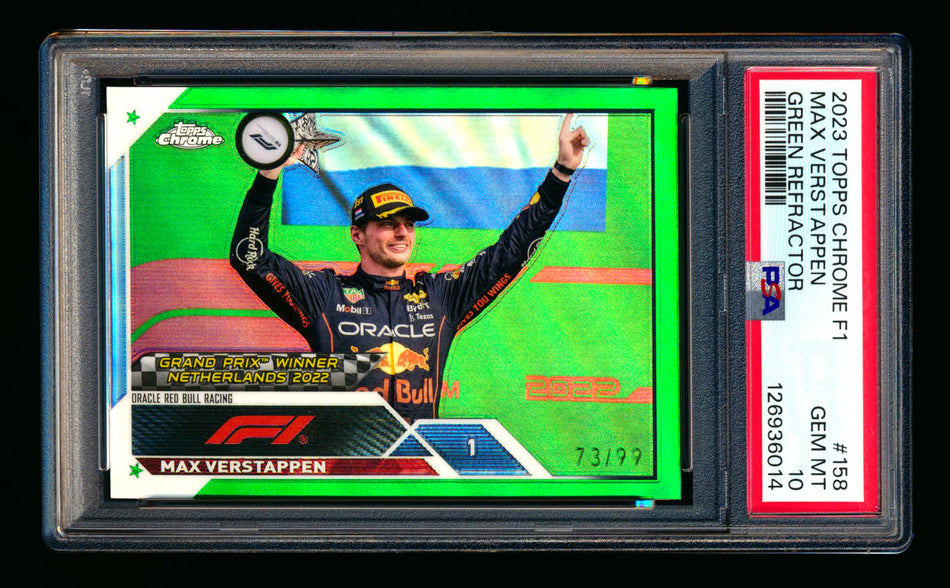 2023 Topps Chrome F1 #158 Max Verstappen Green Refractor #73/99 PSA 10
