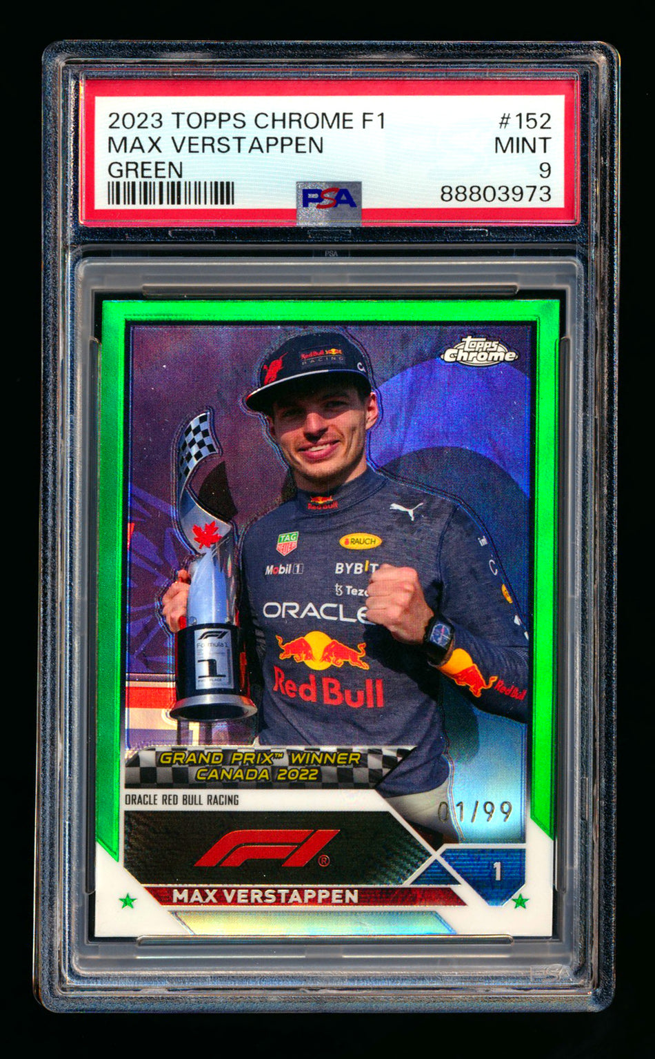 2023 Topps Chrome F1 #152 Max Verstappen Green Refractor #01/99 PSA 9 (Car Number!)