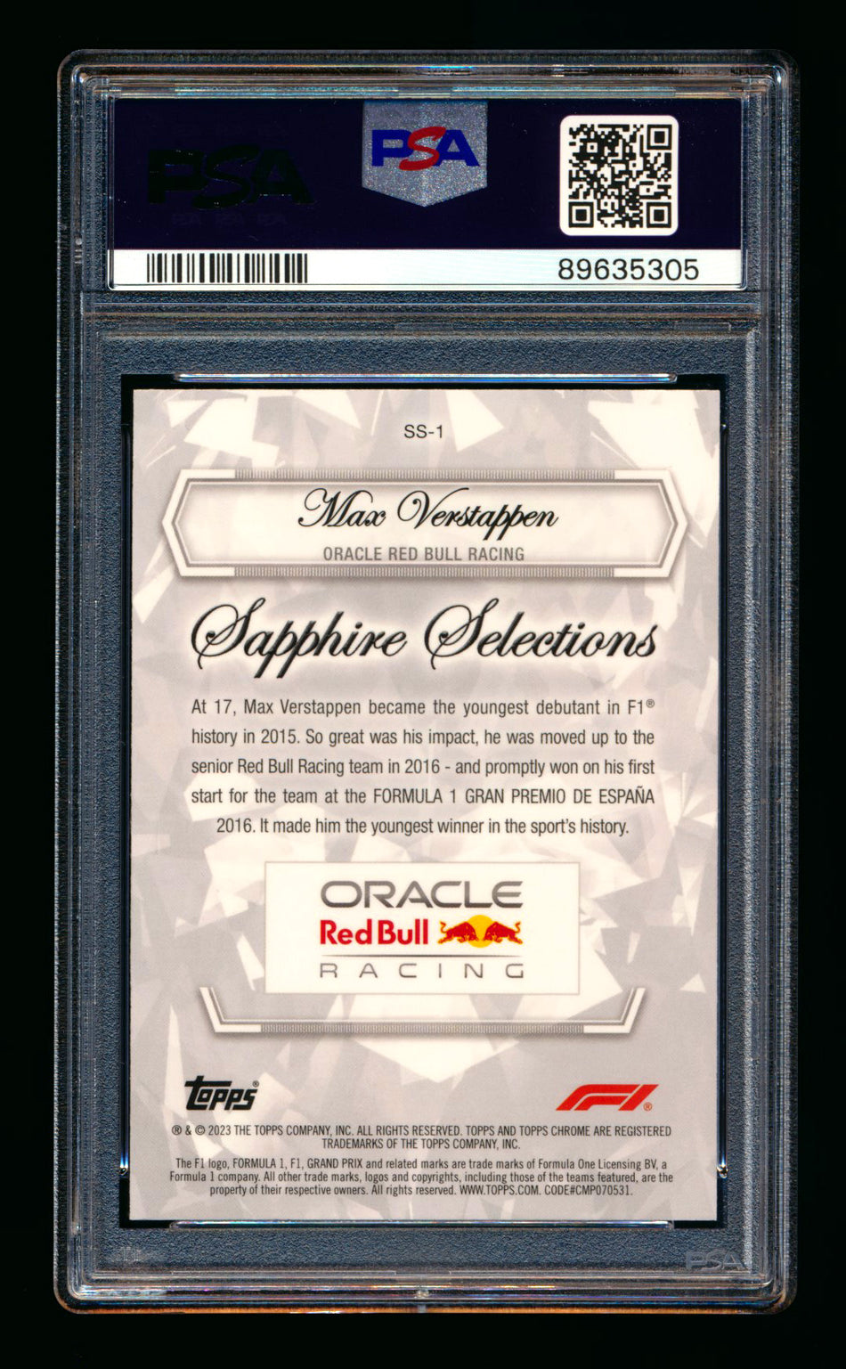 2023 Topps Chrome F1 Sapphire Selections #SS-1 Max Verstappen Refractor PSA 10 ** (SOLD - $349.00 - 12/6/2024) **