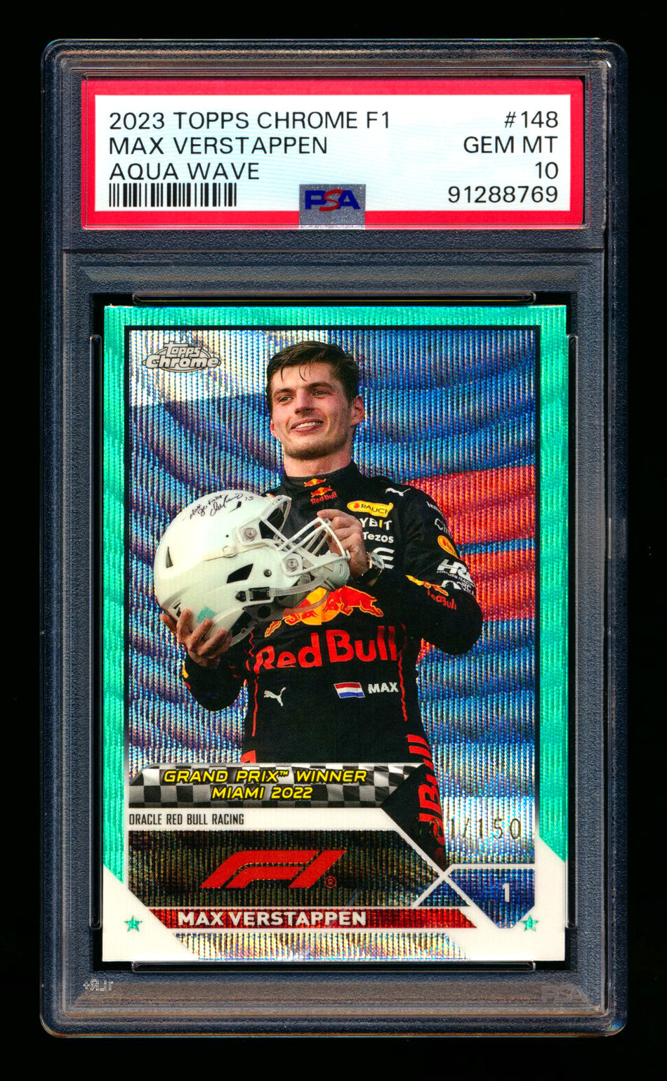 2023 Topps Chrome F1 #148 Max Verstappen Aqua Wave Refractor #001/150 PSA 10 (Car Number!)