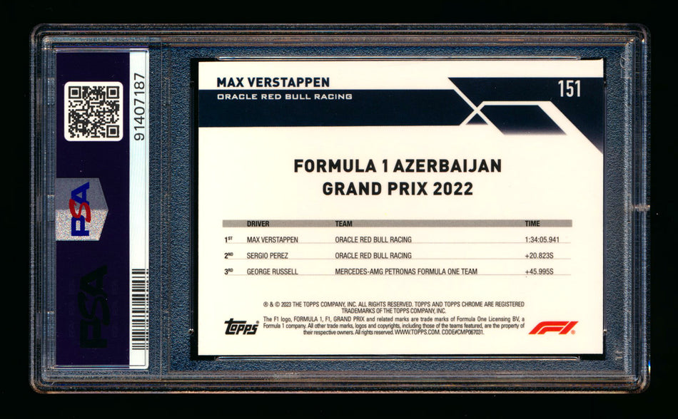 2023 Topps Chrome F1 #151 Max Verstappen Orange Refractor #01/25 PSA 10 (Car Number!) ** (SOLD eBay - $120.00 - 1/20/2025) **