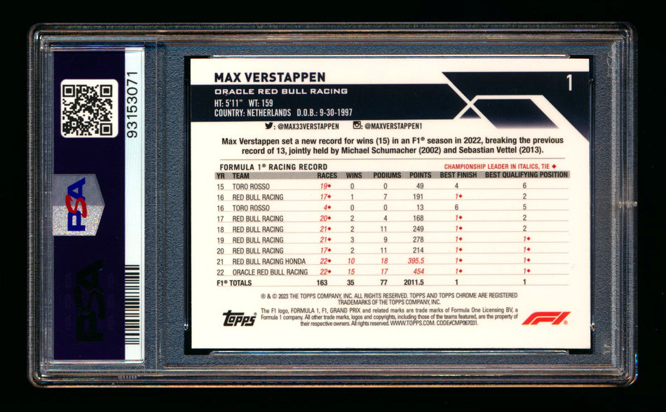 2023 Topps Chrome Sapphire F1 #1 Max Verstappen Refractor Portrait PSA 9 ** (SOLD - $10.00 - 12/24/2024) **
