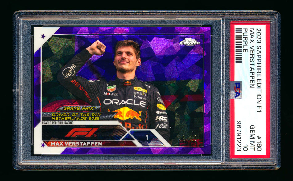 2023 Topps Chrome Sapphire F1 #180 Max Verstappen Purple Refractor #08/10 PSA 10