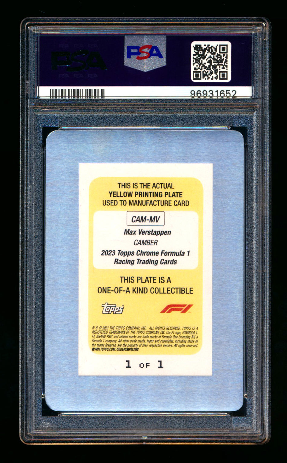 2023 Topps Chrome F1 Camber #CAM-MV Max Verstappen Yellow Printing Plate #1/1 PSA Authentic ** (SOLD eBay - $249.00 - 9/11/2025) **