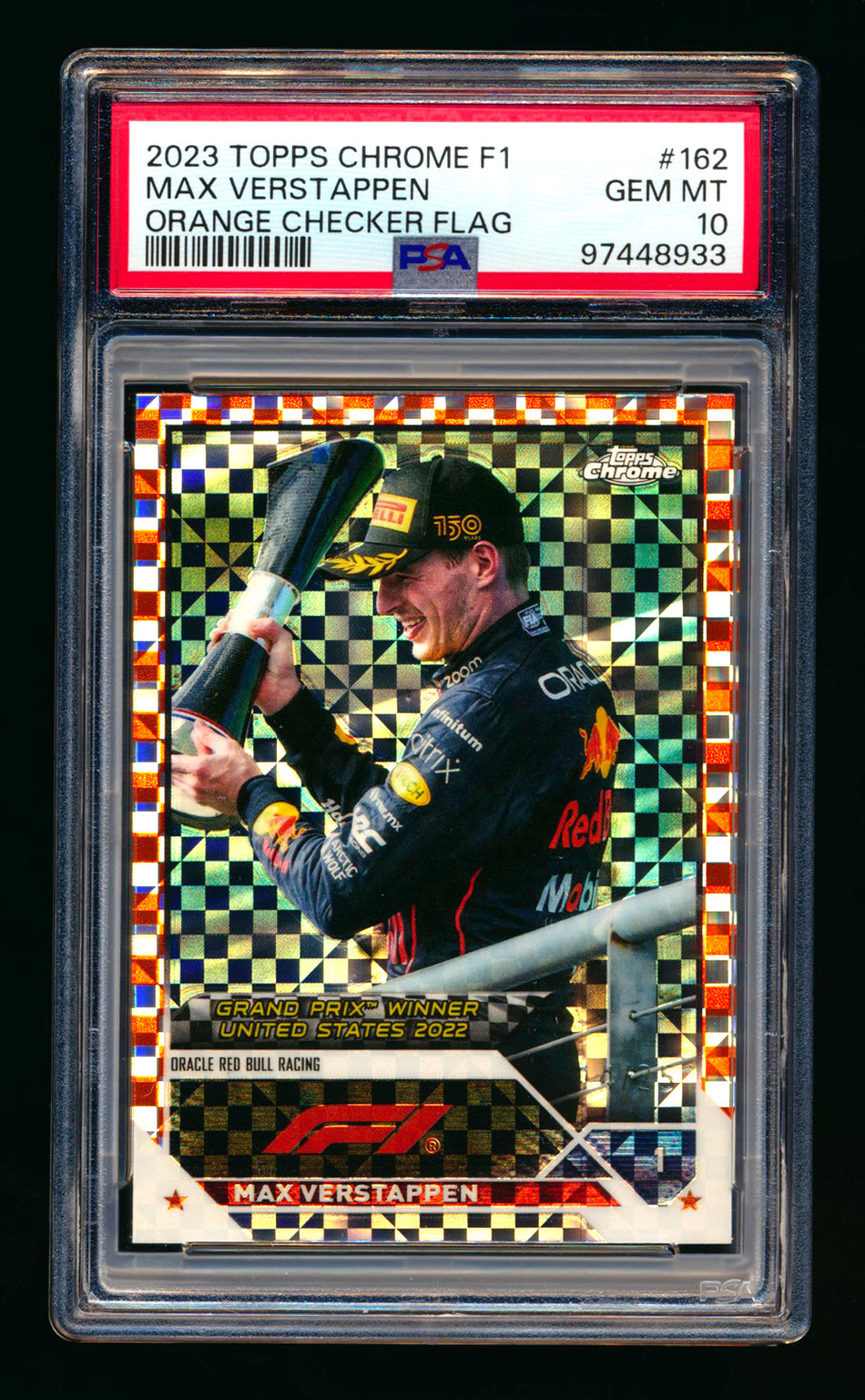 2023 Topps Chrome F1 #162 Max Verstappen Orange Checker Flag Refractor #14/25 PSA 10