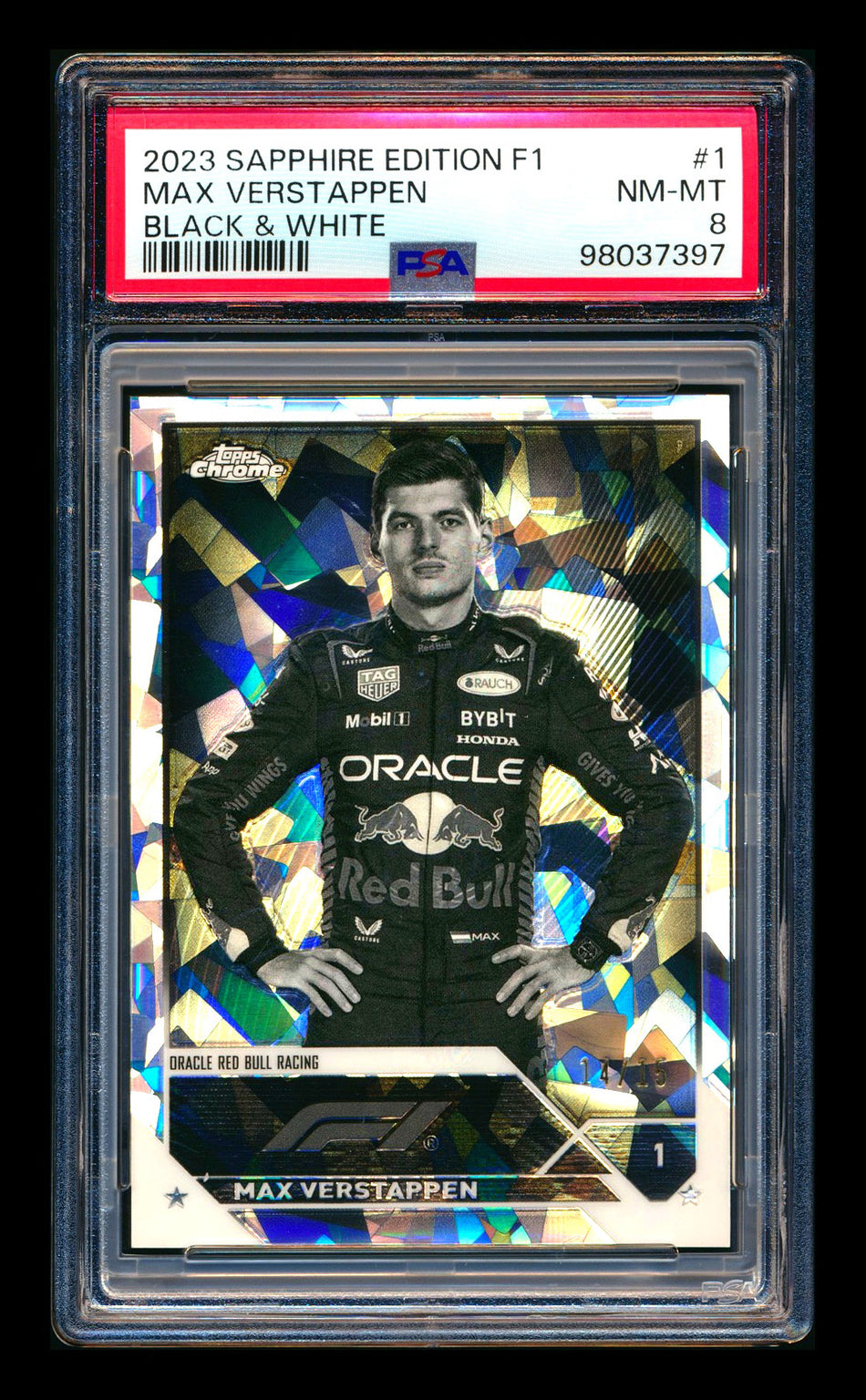 2023 Topps Chrome Sapphire F1 #1 Max Verstappen Black & White Refractor Portrait #14/15 PSA 8