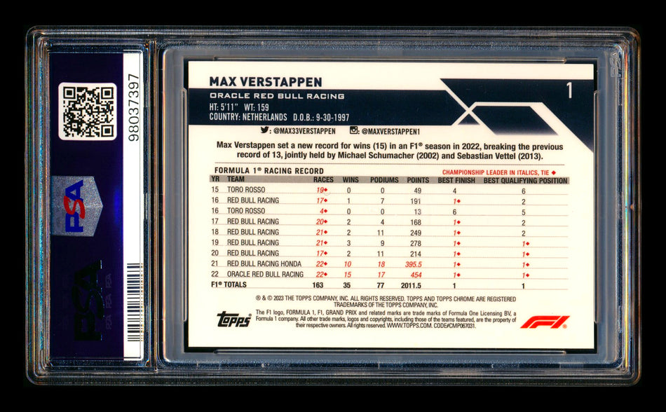 2023 Topps Chrome Sapphire F1 #1 Max Verstappen Black & White Refractor Portrait #14/15 PSA 8