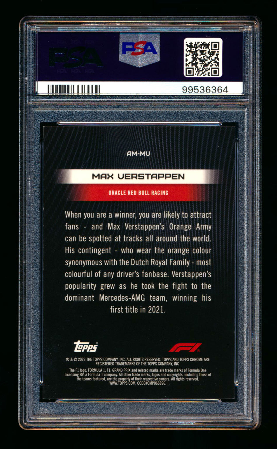 2023 Topps Chrome F1 Armour #AM-MV Max Verstappen Refractor #01/50 PSA 8 (Car Number #1) ** (SOLD - $475.00 - 1/17/2025) **