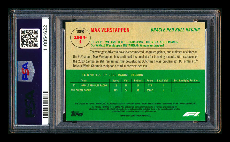 2024 Topps Chrome Sapphire F1 #1954-1 Max Verstappen 1954 Black & White Refractor #05/15 PSA 9 ** (SOLD eBay - $195.00 - 7/10/2026) **