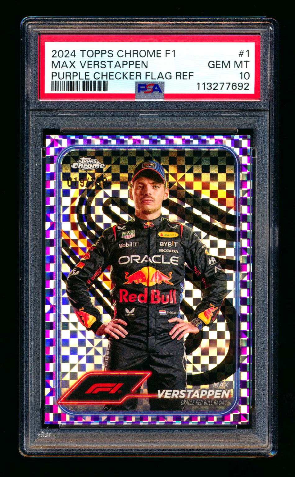 2024 Topps Chrome F1 #1 Max Verstappen Purple Checker Flag Refractor Portrait #019/199 PSA 10 ** (SOLD - $160.00 - 7/10/2025) **