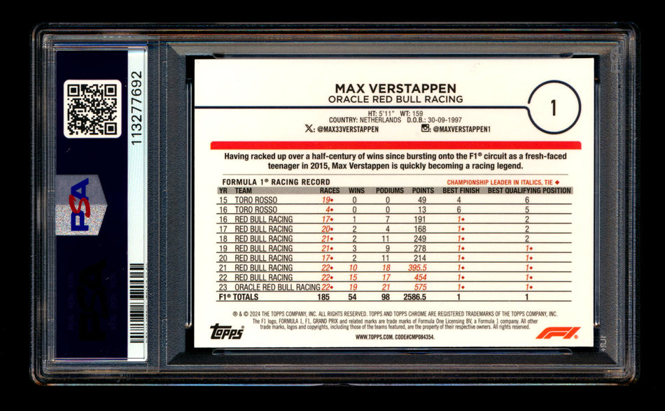 2024 Topps Chrome F1 #1 Max Verstappen Purple Checker Flag Refractor Portrait #019/199 PSA 10 ** (SOLD - $160.00 - 7/10/2025) **