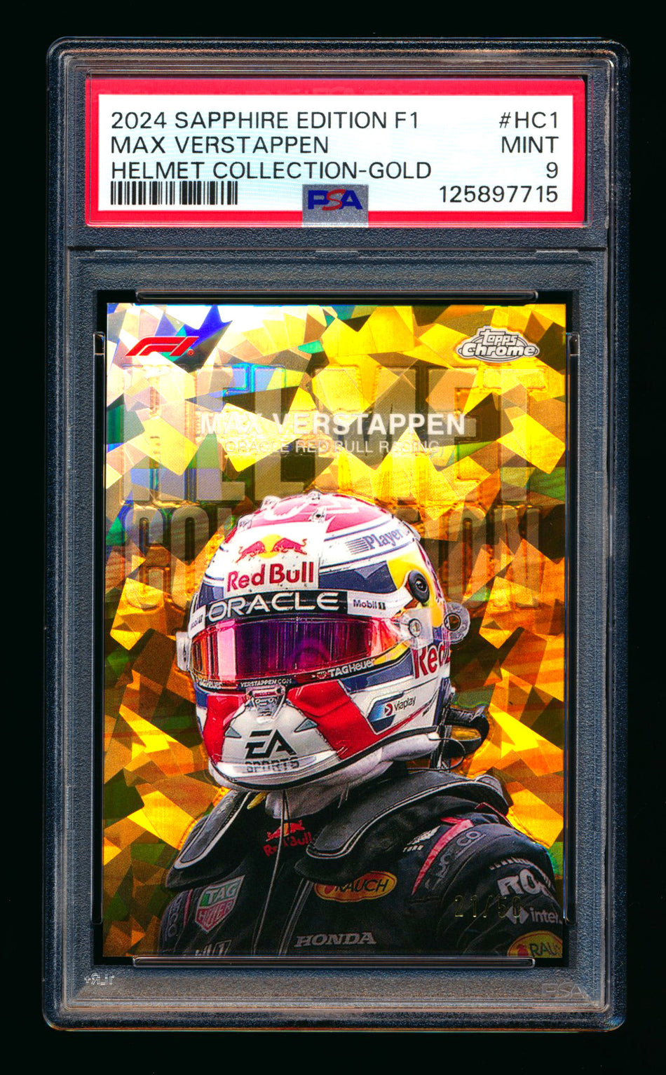 2024 Topps Chrome Sapphire F1 Helmet Collection #HC-1 Max Verstappen Gold Refractor #21/50 PSA 9 ** (SOLD eBay - $995.00 - 2/15/2026) **