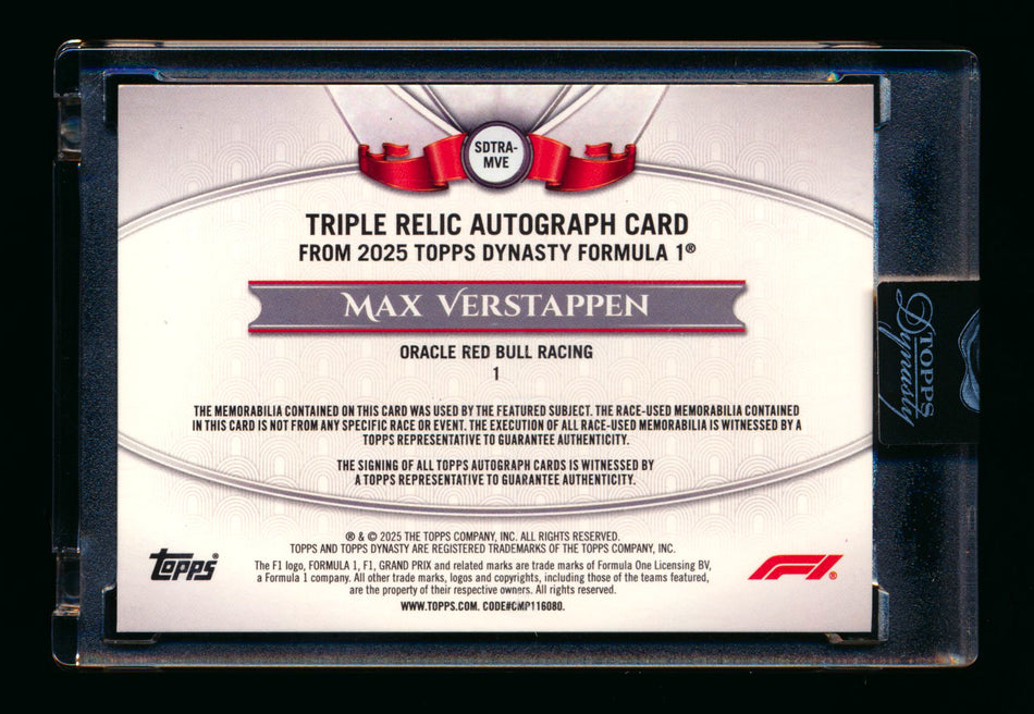 2025 Topps Dynasty F1 #DAP-MVE Max Verstappen Triple Patch Autograph #2/9 ** (SOLD eBay - $5,495.00 - 2/8/2026) **