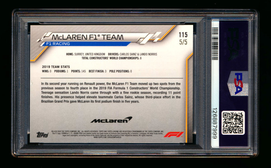2020 Topps Chrome F1 #115 McLaren Team Logo RC Red Wave Refractor #5/5 PSA 7