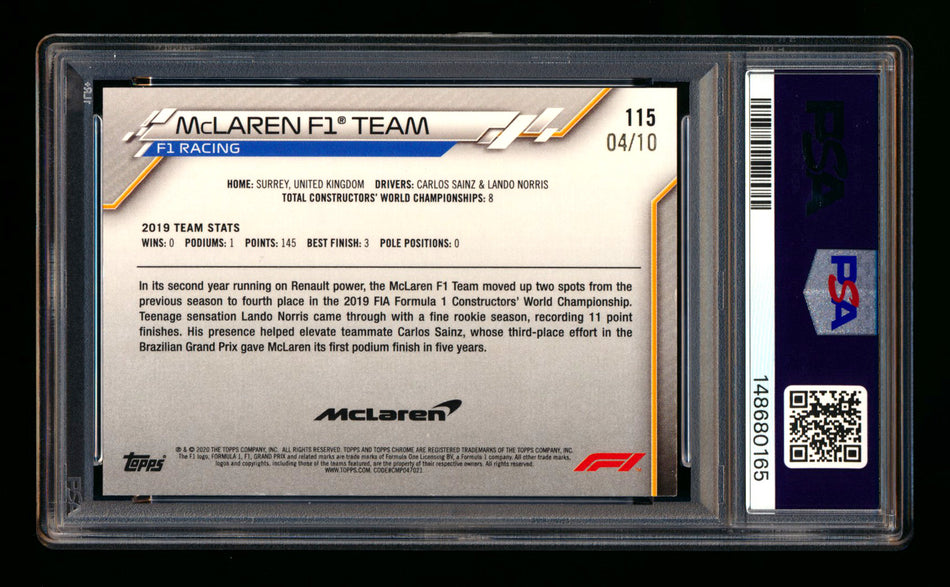2020 Topps Chrome Sapphire F1 #115 McLaren Team Logo RC Purple Refractor #04/10 PSA 9