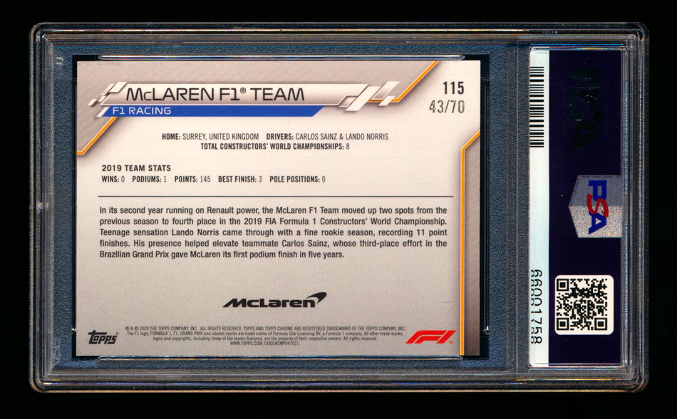 2020 Topps Chrome Sapphire F1 #115 McLaren Team Logo RC 70th Silver Refractor #43/70 PSA 9 ** (SOLD - $295.00 - 11/22/2024) **