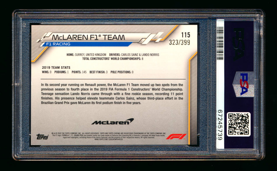 2020 Topps Chrome F1 #115 McLaren Team Logo RC Purple Refractor #323/399 PSA 9 ** (SOLD - $125.00 - 8/27/2025) **
