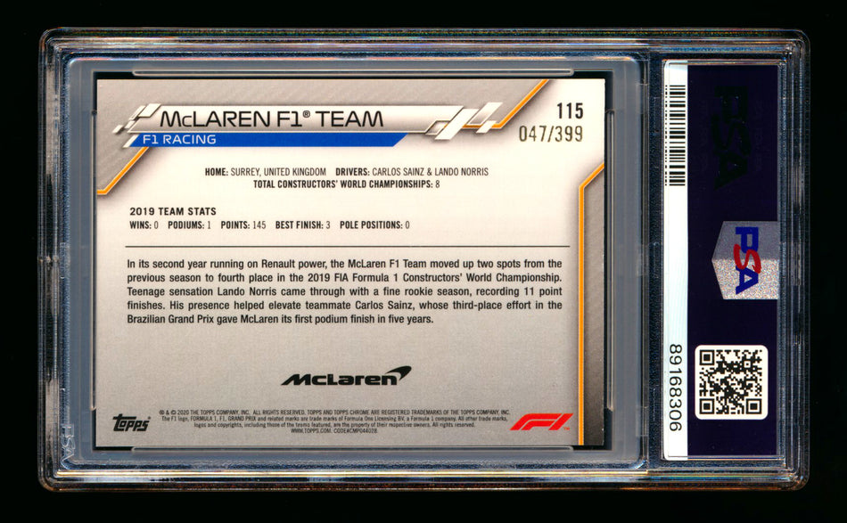 2020 Topps Chrome F1 #115 McLaren Team Logo RC Purple Refractor #047/399 PSA 8 ** (SOLD eBay - $59.00 - 9/30/2025) **