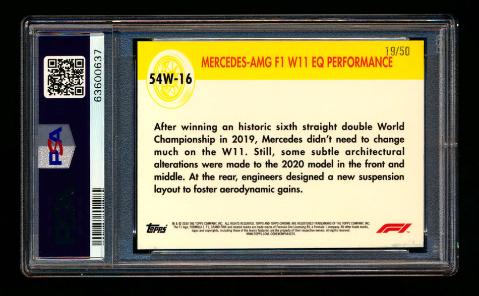 2020 Topps Chrome F1 1954 World on Wheels #54W-16 Mercedes-AMG F1 W11 EQ Performance RC Gold Refractor #19/50 PSA 8