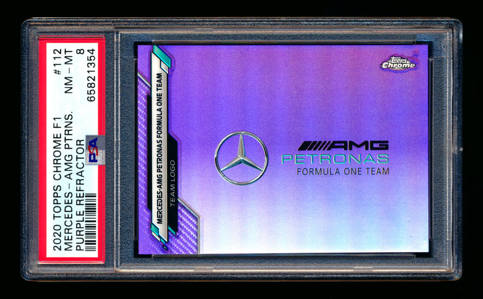 2020 Topps Chrome F1 #112 Mercedes-AMG Petronas Team Logo RC Purple Refractor #109/399 PSA 8