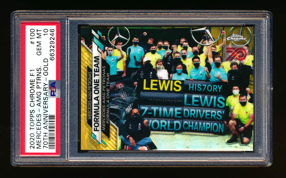 2020 Topps Chrome F1 #100 Mercedes-AMG Petronas/Lewis Hamilton RC 70th Anniversary Gold Refractor PSA 10