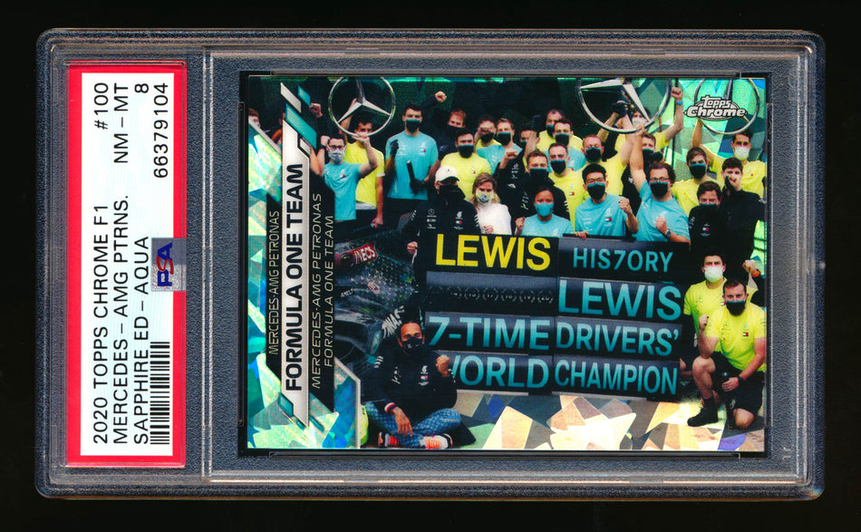 2020 Topps Chrome Sapphire F1 #100 Mercedes-AMG Petronas/Lewis Hamilton RC Aqua Refractor #85/99 PSA 8