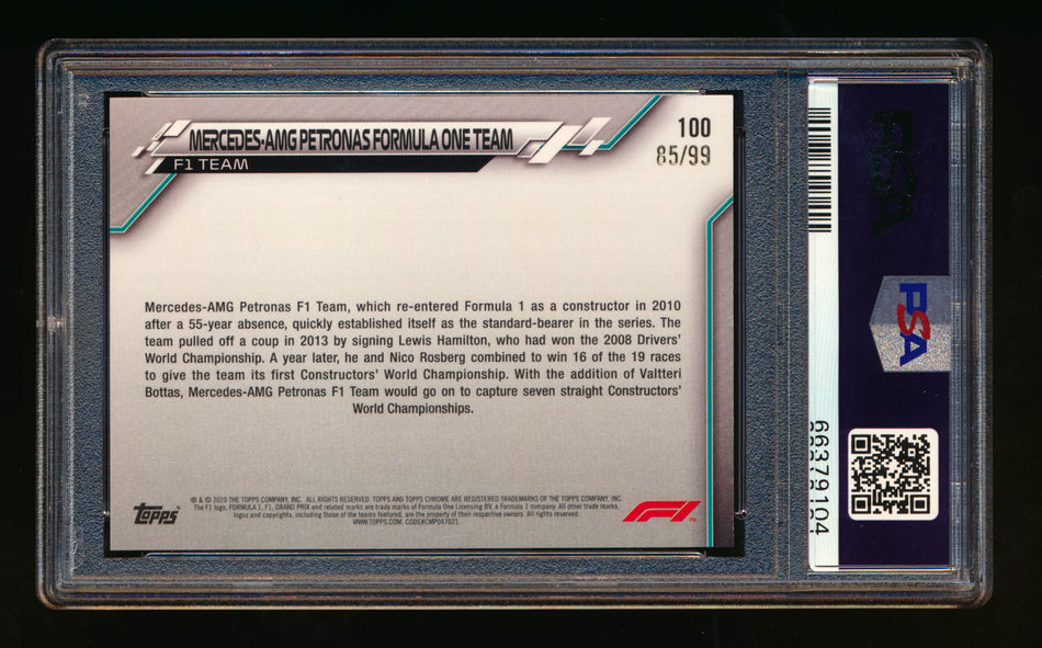 2020 Topps Chrome Sapphire F1 #100 Mercedes-AMG Petronas/Lewis Hamilton RC Aqua Refractor #85/99 PSA 8