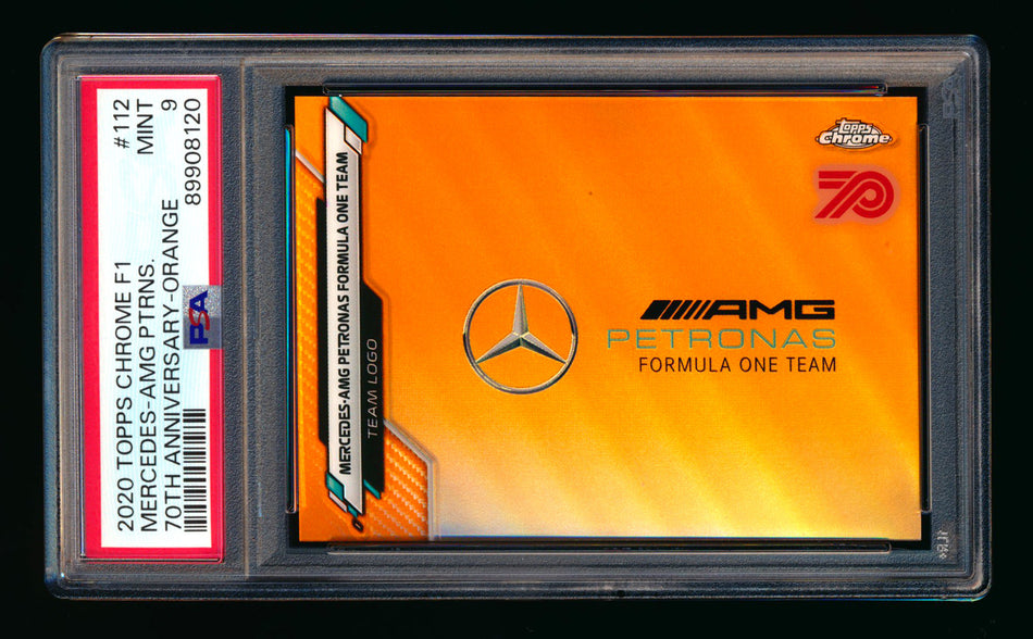 2020 Topps Chrome F1 #112 Mercedes-AMG Petronas Team Logo RC 70th Anniversary Orange Refractor PSA 9